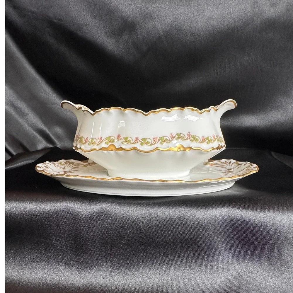 Haviland Limoges Gravy Boat Attached Underplate Schleiger 788 Floral Gold 9in